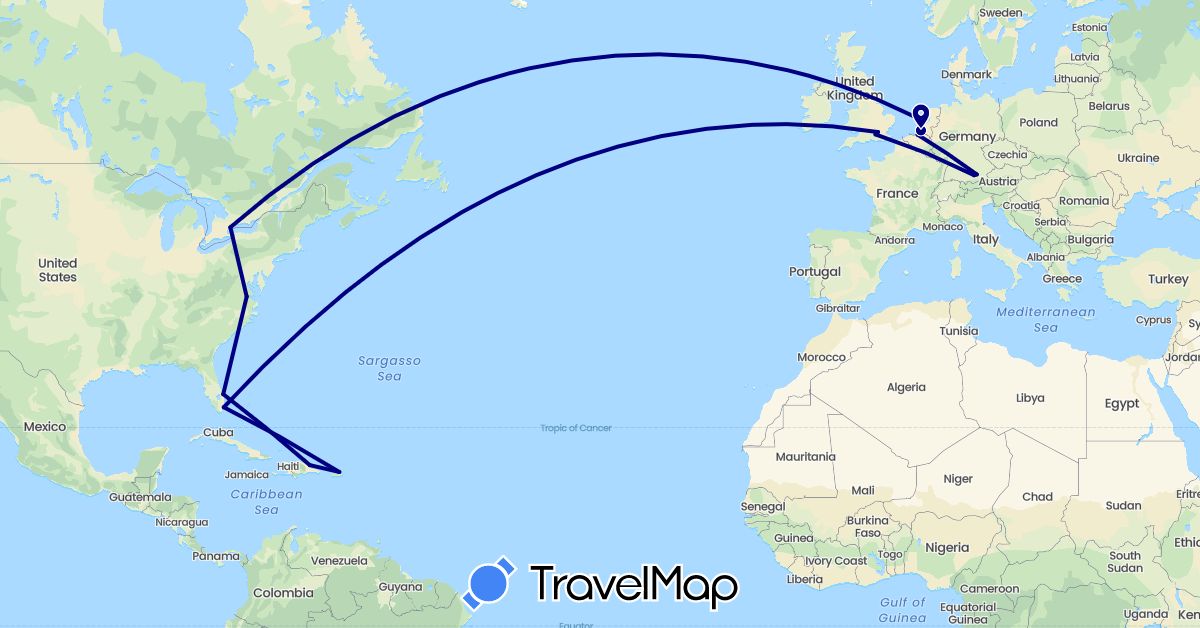 TravelMap itinerary: driving in Belgium, Canada, Germany, Dominican Republic, United Kingdom, Netherlands, United States (Europe, North America)